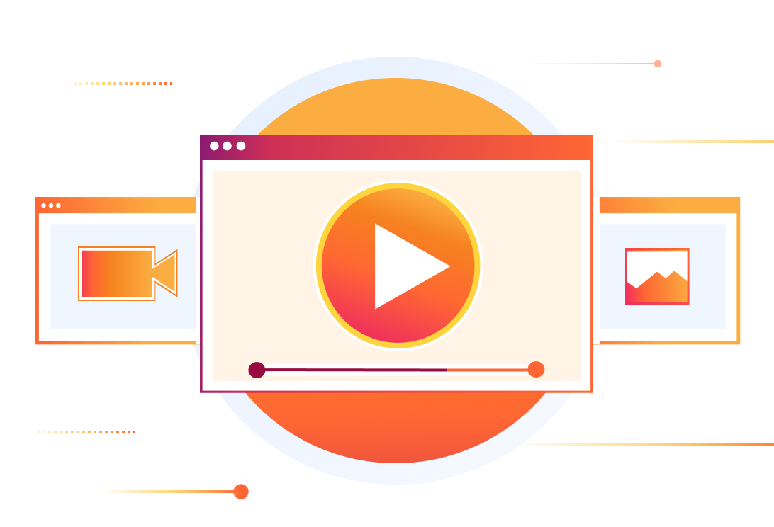 Ilustracja multimedialna przedstawiająca wideo, obrazy i odtwarzacz multimedialny